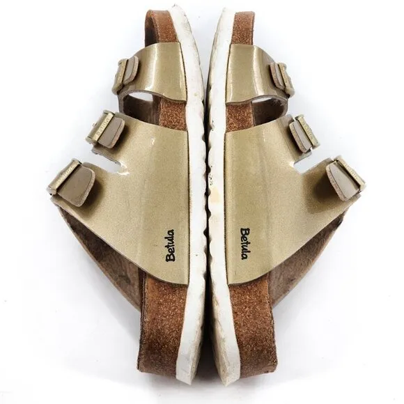 BETULA by BIRKENSTOCK Leo Gold Metallic Buckle Strap Slide Sandals