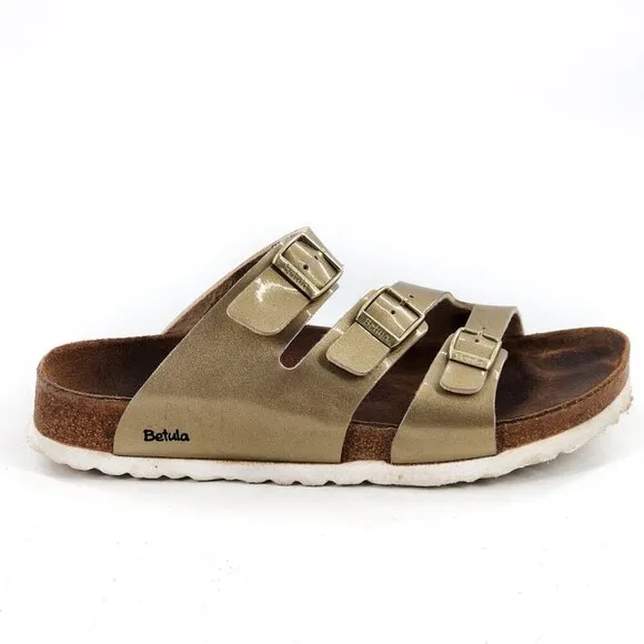 BETULA by BIRKENSTOCK Leo Gold Metallic Buckle Strap Slide Sandals