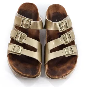 BETULA by BIRKENSTOCK Leo Gold Metallic Buckle Strap Slide Sandals