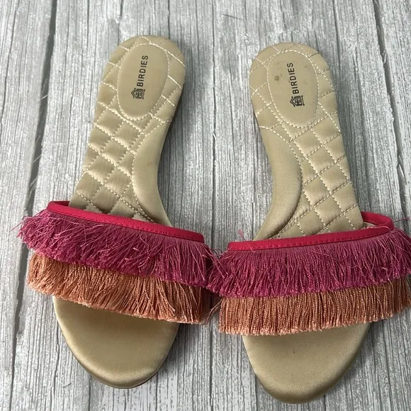 Birdies The Sparrow Pink Orange Fringe Slide Sandals Size 7