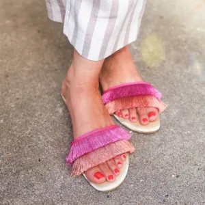 Birdies The Sparrow Pink Orange Fringe Slide Sandals Size 7