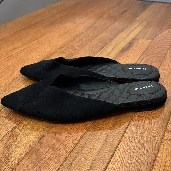 Birdies The Swan Black Suede Pointed-Toe Slides with Quilted Insole, Size 12