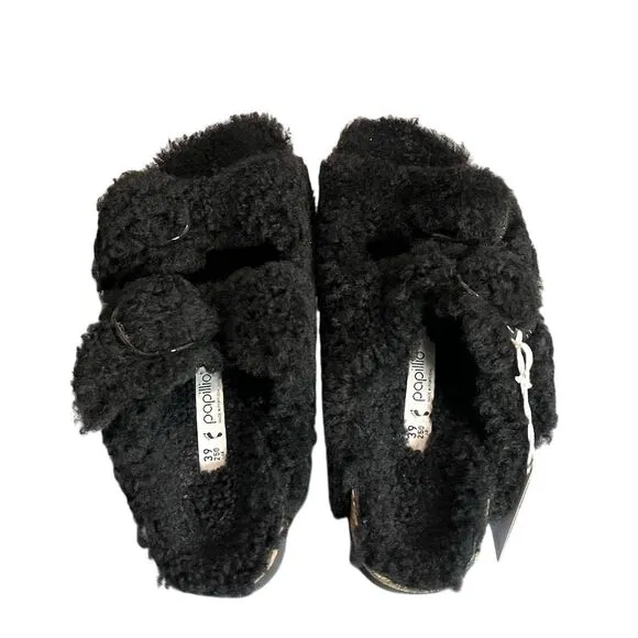 Birkenstock Arizona Big Buckle Black Shearling Papillio Sandals L8/M6 Cozy