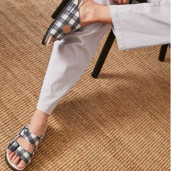 Birkenstock Arizona Plaid Genuine Shearling Slide Sandals Gray Size 12