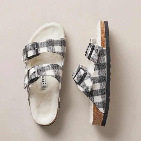 Birkenstock Arizona Plaid Genuine Shearling Slide Sandals Gray Size 12