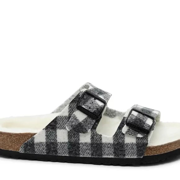 Birkenstock Arizona Plaid Genuine Shearling Slide Sandals Gray Size 12