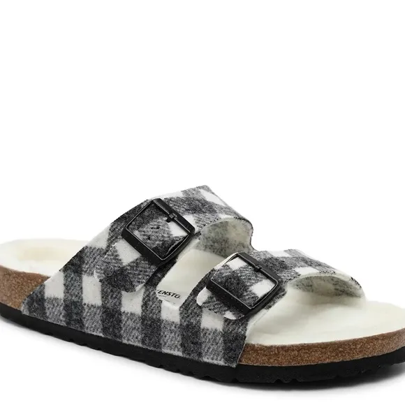 Birkenstock Arizona Plaid Genuine Shearling Slide Sandals Gray Size 12