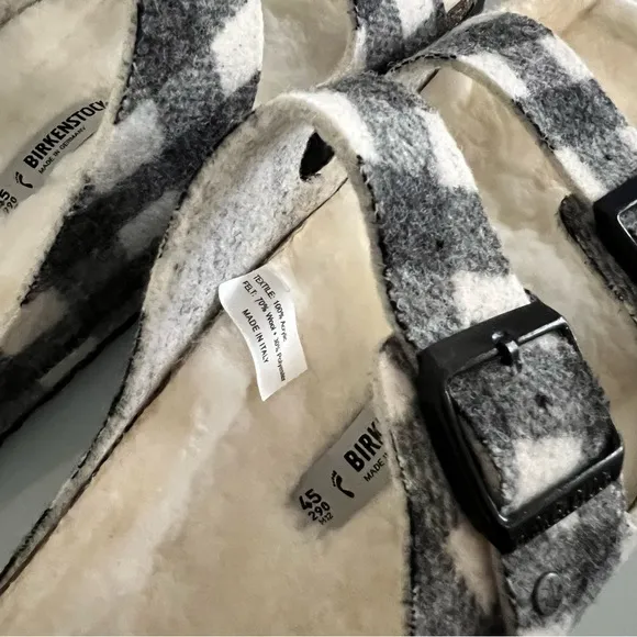 Birkenstock Arizona Plaid Genuine Shearling Slide Sandals Gray Size 12