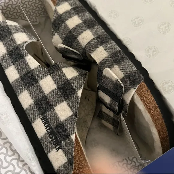 Birkenstock Arizona Plaid Genuine Shearling Slide Sandals Gray Size 12
