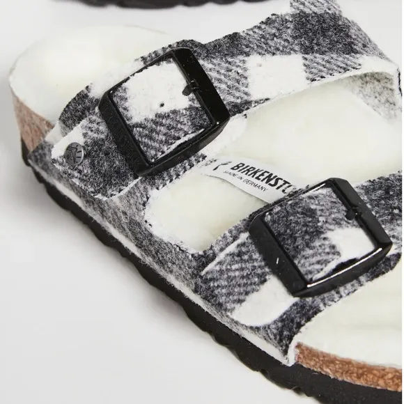 Birkenstock Arizona Plaid Genuine Shearling Slide Sandals Gray Size 12