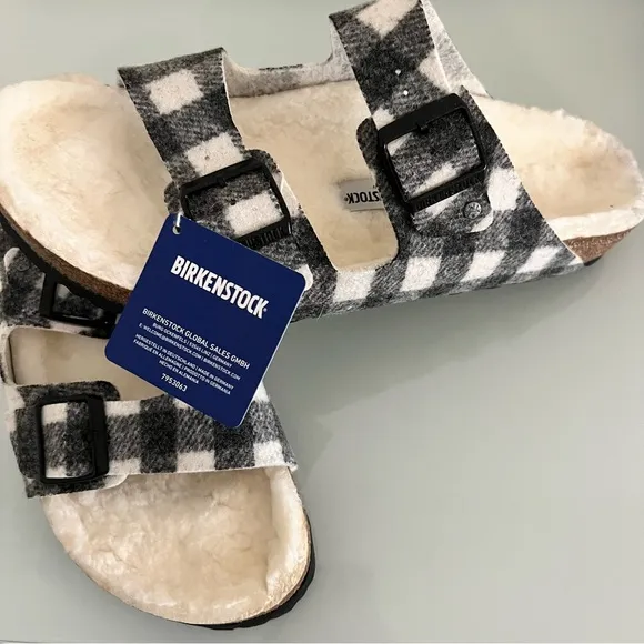 Birkenstock Arizona Plaid Genuine Shearling Slide Sandals Gray Size 12