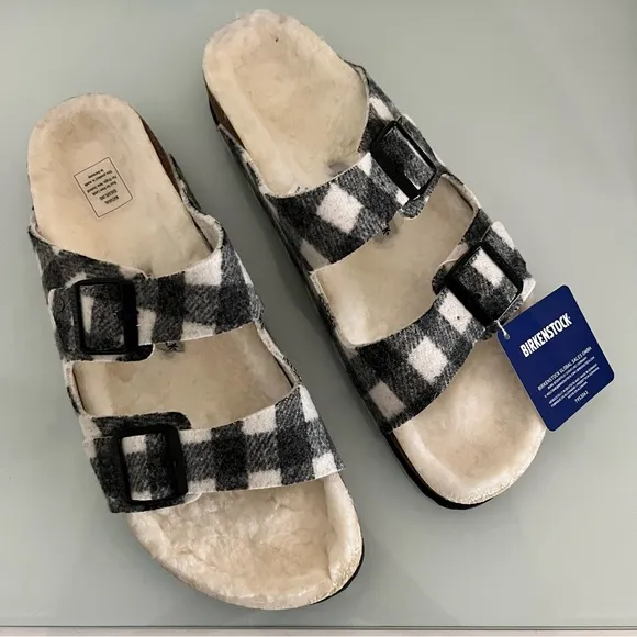 Birkenstock Arizona Plaid Genuine Shearling Slide Sandals Gray Size 12