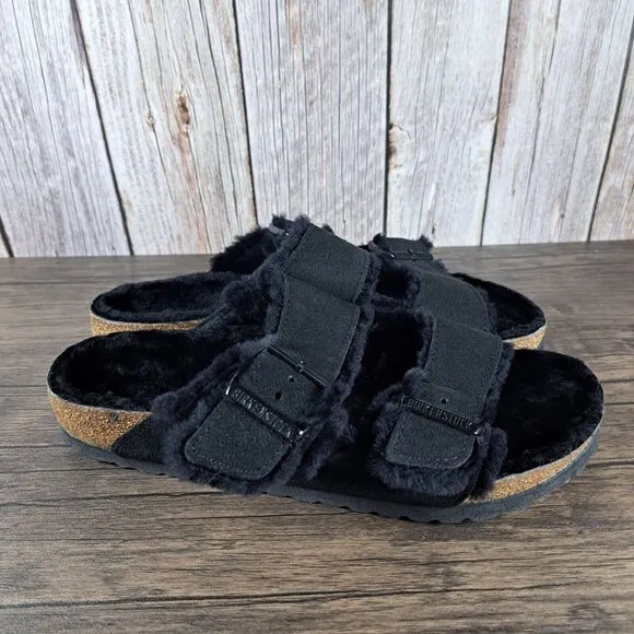 Birkenstock Arizona Shearling Slide Sandals Women's Sz 9 Black (Worn Once)