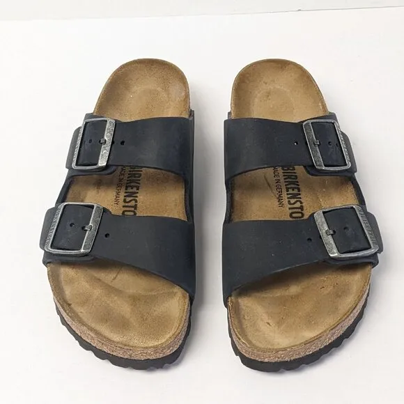 Birkenstock Arizona Slide Sandals, Black Leather, Womens 7 Narrow (EU 38)