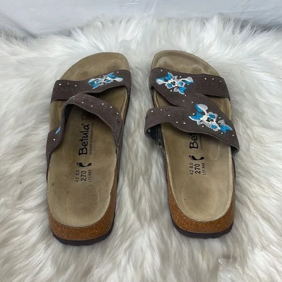 Birkenstock Betula Zara Brown Embroidered Slide Sandals Sz 11