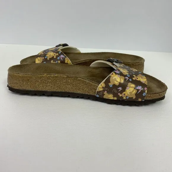 Birkenstock Birki's Madrid Brown Teddy Bear Print Slide Sandals US 5.5-6 EU 36