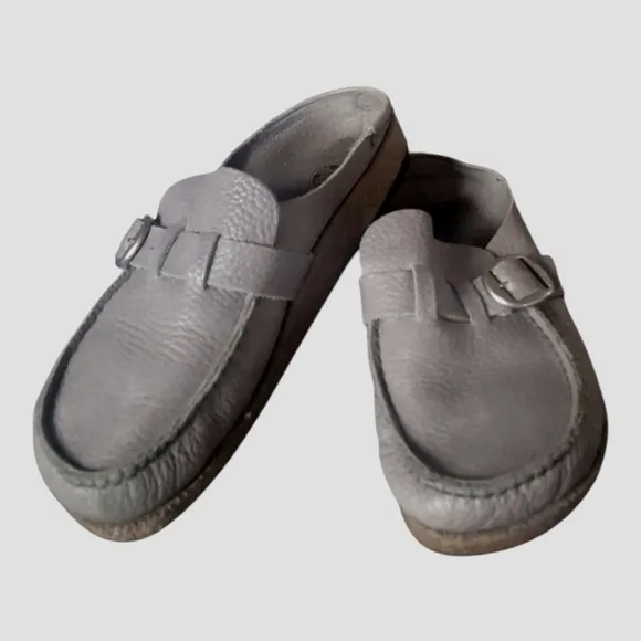 Birkenstock Buckley Gray Leather Buckle Moccasin Cork Sole Loafers Sz 38