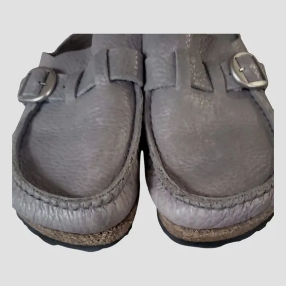 Birkenstock Buckley Gray Leather Buckle Moccasin Cork Sole Loafers Sz 38