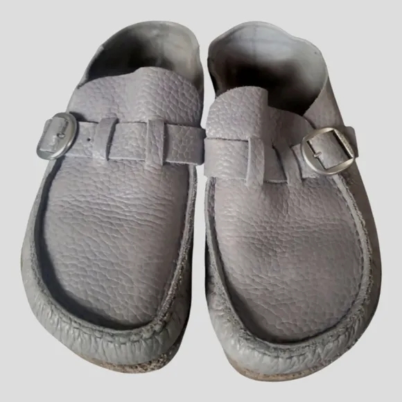 Birkenstock Buckley Gray Leather Buckle Moccasin Cork Sole Loafers Sz 38