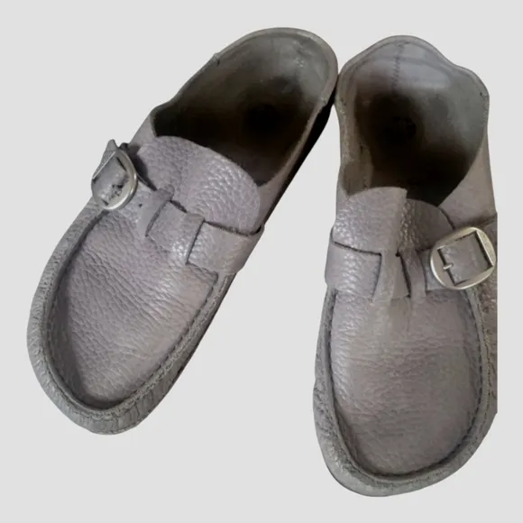 Birkenstock Buckley Gray Leather Buckle Moccasin Cork Sole Loafers Sz 38