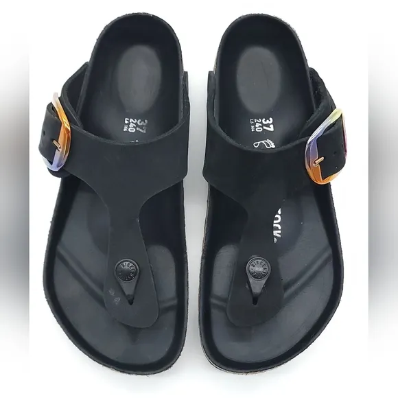 Birkenstock Gizeh Big Buckle Womens Size 6 Sandals Black Nubuck Leather T Strap