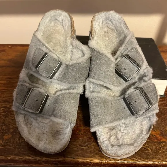 Birkenstock Gray Arizona Shearling Fleece Lined Double Buckle Sandals