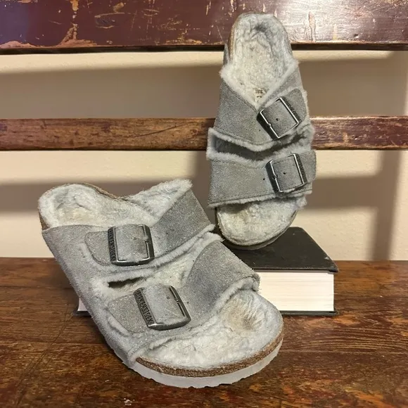 Birkenstock Gray Arizona Shearling Fleece Lined Double Buckle Sandals