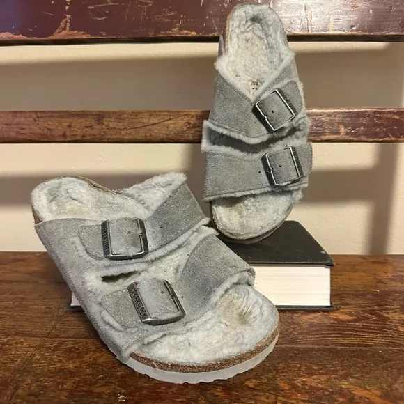 Birkenstock Gray Arizona Shearling Fleece Lined Double Buckle Sandals