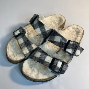 Birkenstock lined black white plaid buckle slide sandals m6 w8