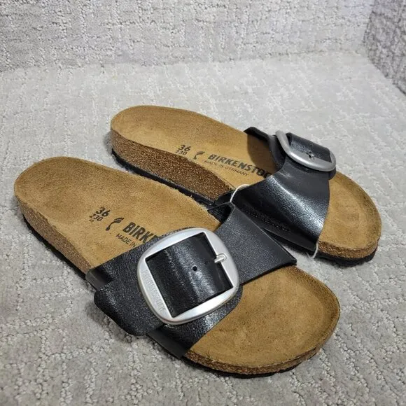 Birkenstock Madrid Size EU 36 L5 US Narrow Black Big Buckle Slide Sandals