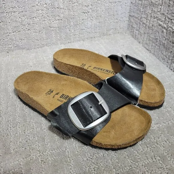 Birkenstock Madrid Size EU 36 L5 US Narrow Black Big Buckle Slide Sandals