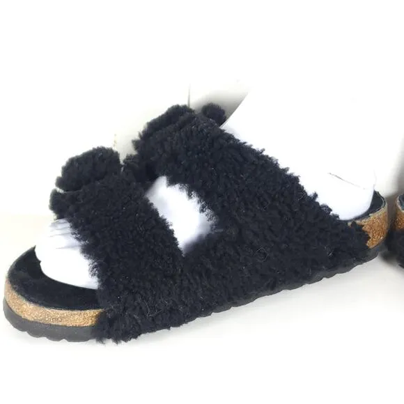 BIRKENSTOCK Women Arizona Big Buckle 37 US6 Black Teddy Shearling Slide Sandals
