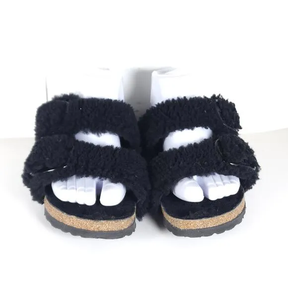 BIRKENSTOCK Women Arizona Big Buckle 37 US6 Black Teddy Shearling Slide Sandals