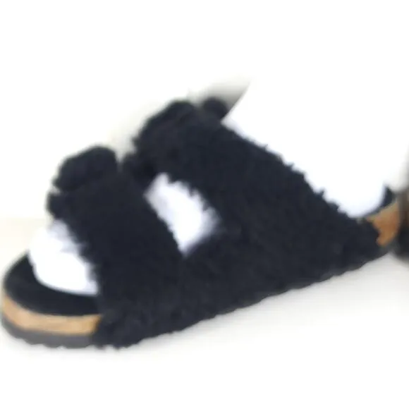 BIRKENSTOCK Women Arizona Big Buckle 37 US6 Black Teddy Shearling Slide Sandals