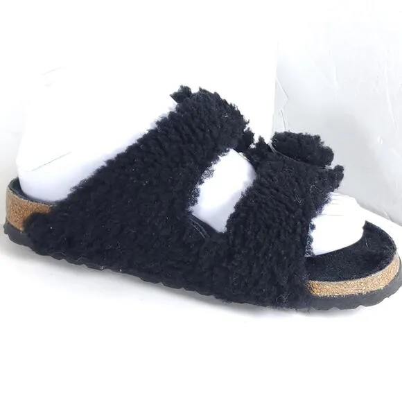 BIRKENSTOCK Women Arizona Big Buckle 37 US6 Black Teddy Shearling Slide Sandals