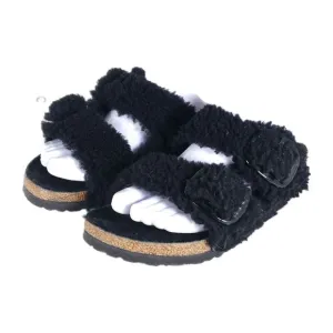 BIRKENSTOCK Women Arizona Big Buckle 37 US6 Black Teddy Shearling Slide Sandals