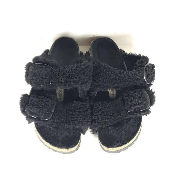 BIRKENSTOCK Women Arizona Big Buckle 37 US6 Black Teddy Shearling Slide Sandals