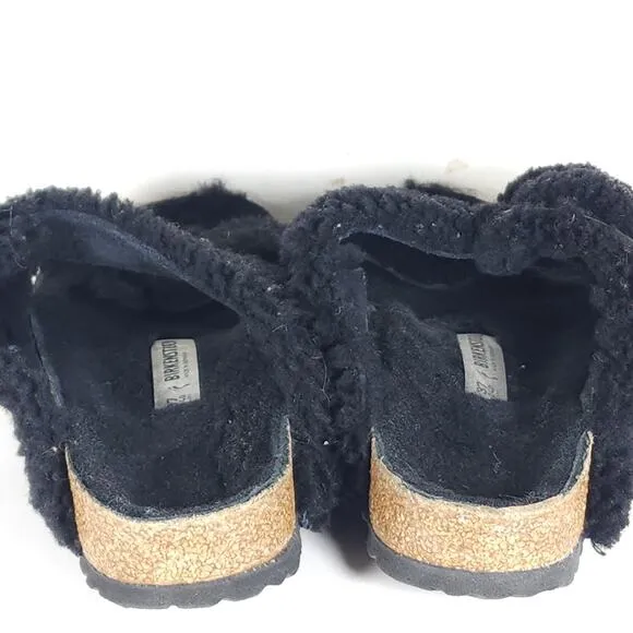 BIRKENSTOCK Women Arizona Big Buckle 37 US6 Black Teddy Shearling Slide Sandals