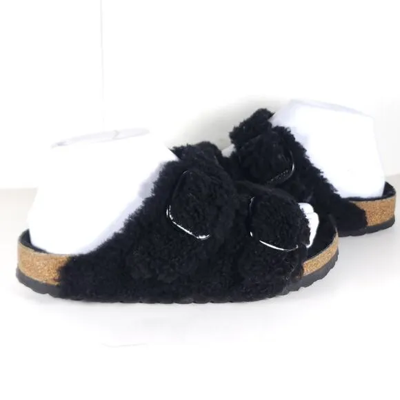 BIRKENSTOCK Women Arizona Big Buckle 37 US6 Black Teddy Shearling Slide Sandals