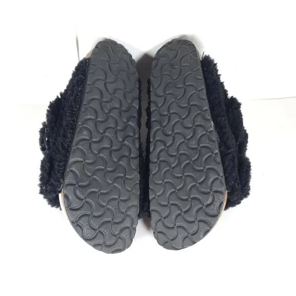 BIRKENSTOCK Women Arizona Big Buckle 37 US6 Black Teddy Shearling Slide Sandals