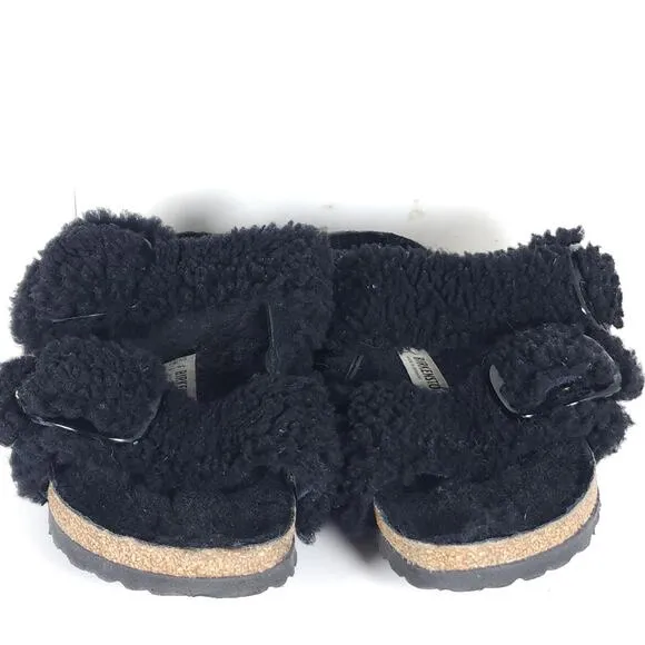 BIRKENSTOCK Women Arizona Big Buckle 37 US6 Black Teddy Shearling Slide Sandals