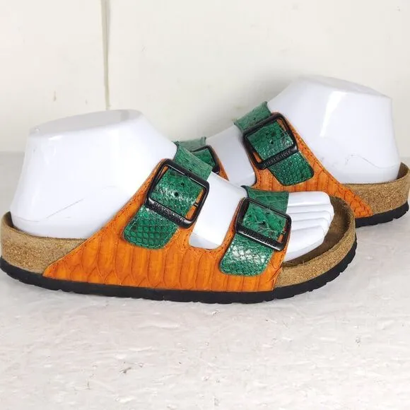 BIRKENSTOCK Women's Arizona 36 US5 Green Snake Embodssed Leather Slide Sandals