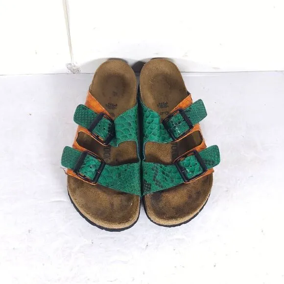 BIRKENSTOCK Women's Arizona 36 US5 Green Snake Embodssed Leather Slide Sandals