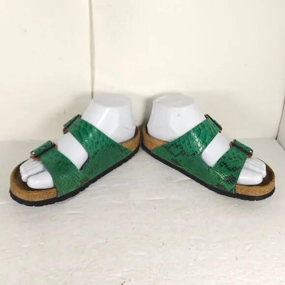 BIRKENSTOCK Women's Arizona 36 US5 Green Snake Embodssed Leather Slide Sandals