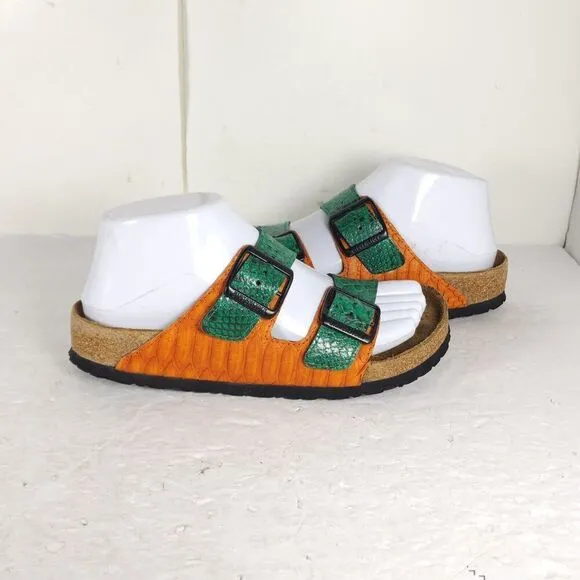 BIRKENSTOCK Women's Arizona 36 US5 Green Snake Embodssed Leather Slide Sandals