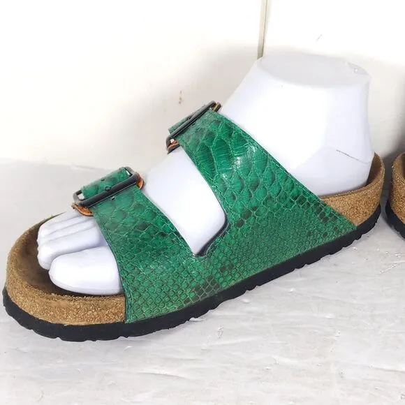 BIRKENSTOCK Women's Arizona 36 US5 Green Snake Embodssed Leather Slide Sandals