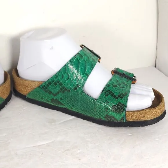 BIRKENSTOCK Women's Arizona 36 US5 Green Snake Embodssed Leather Slide Sandals