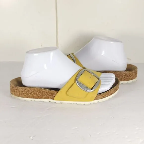 Birkenstock Women's Madrid Big Buckle EU 38 US 7 Yellow Nubuck Slide Sandals