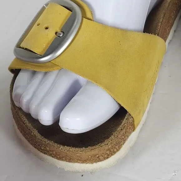Birkenstock Women's Madrid Big Buckle EU 38 US 7 Yellow Nubuck Slide Sandals