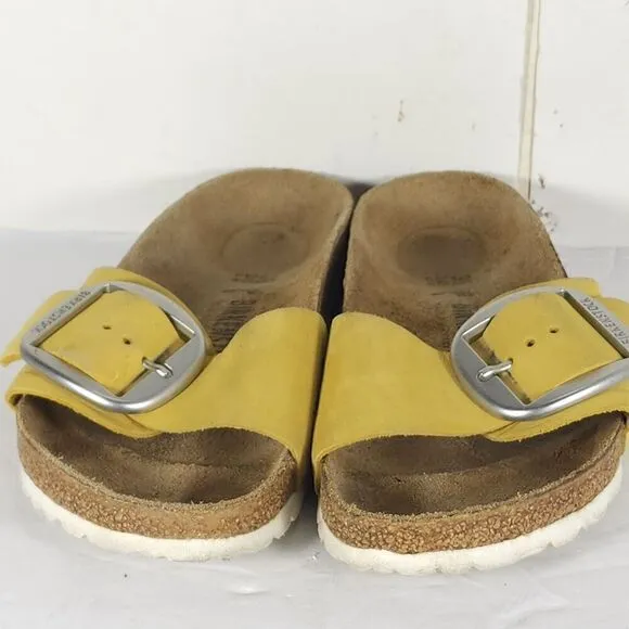 Birkenstock Women's Madrid Big Buckle EU 38 US 7 Yellow Nubuck Slide Sandals